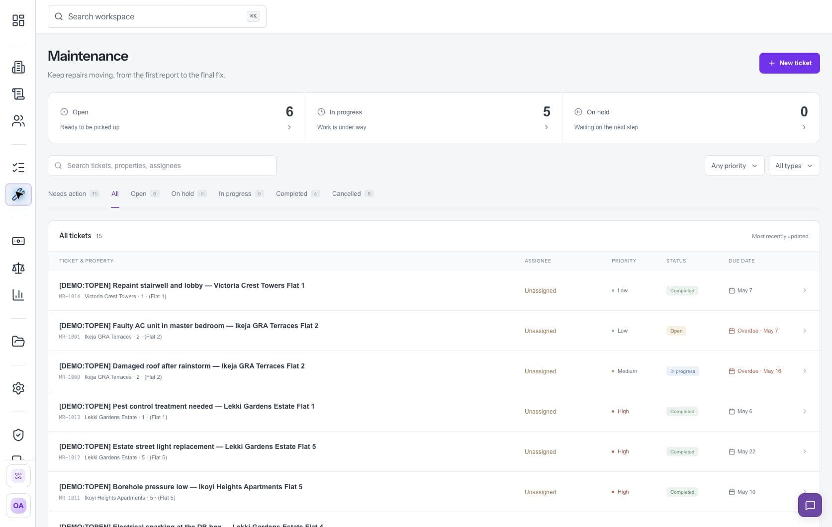 Rentyx live demo maintenance workspace showing repair tickets, priorities and progress.