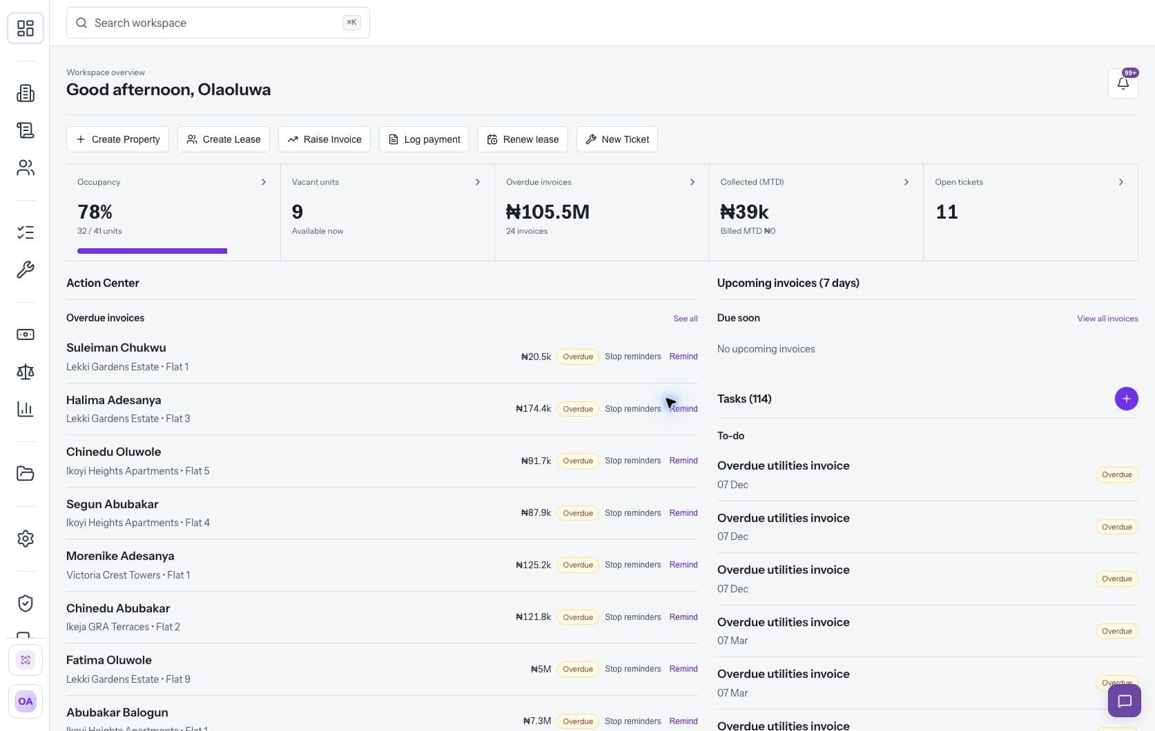 Rentyx live demo workspace showing occupancy, overdue invoices, collected payments and the action centre.